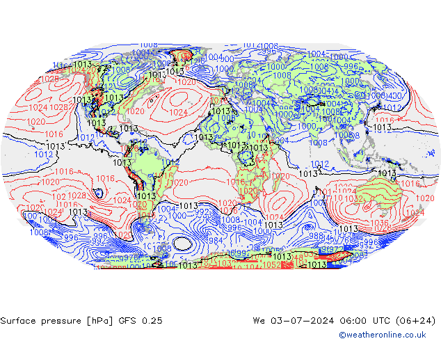 地面气压 GFS 0.25 星期三 03.07.2024 06 UTC