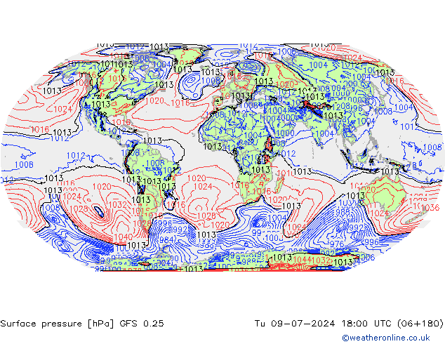 地面气压 GFS 0.25 星期二 09.07.2024 18 UTC