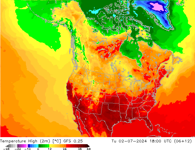 Temperature High (2m) GFS 0.25 星期二 02.07.2024 18 UTC