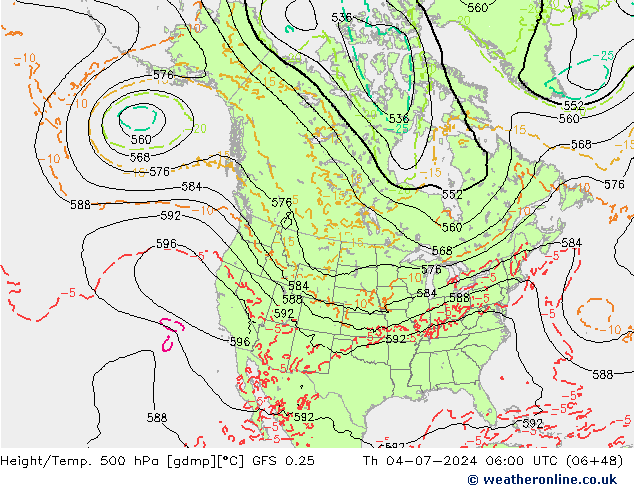 Z500/Rain (+SLP)/Z850 GFS 0.25 星期四 04.07.2024 06 UTC