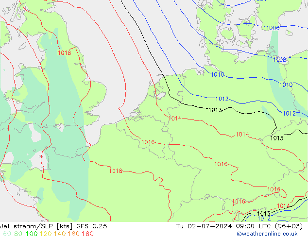 高速氣流/地面气压 GFS 0.25 星期二 02.07.2024 09 UTC
