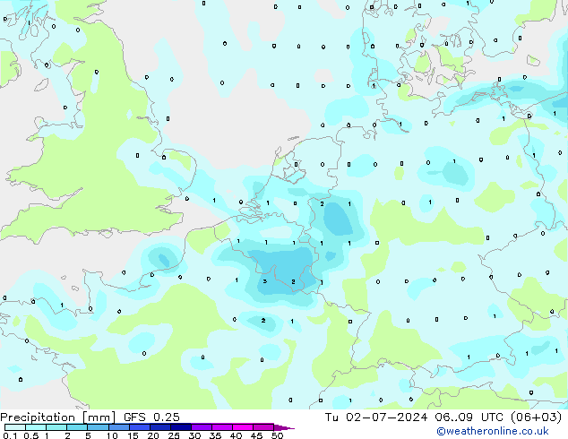 Neerslag GFS 0.25 di 02.07.2024 09 UTC