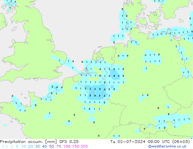 Totale neerslag GFS 0.25 di 02.07.2024 09 UTC