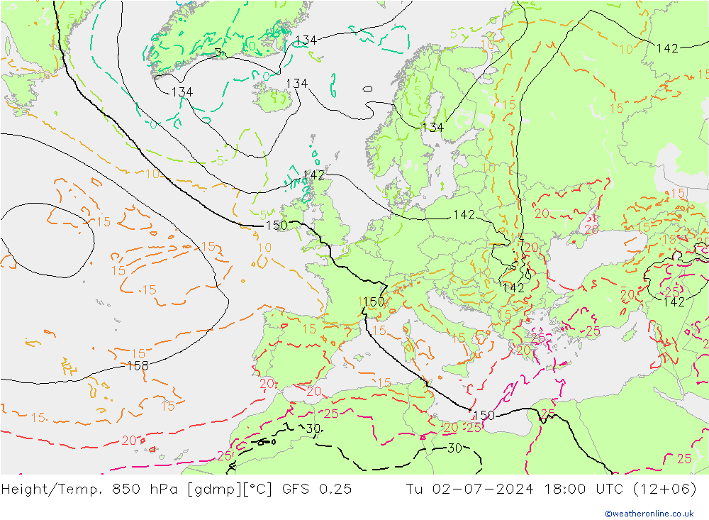 Z500/Rain (+SLP)/Z850 GFS 0.25 星期二 02.07.2024 18 UTC