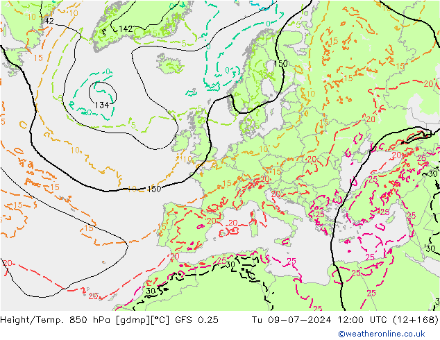 Z500/Rain (+SLP)/Z850 GFS 0.25 星期二 09.07.2024 12 UTC
