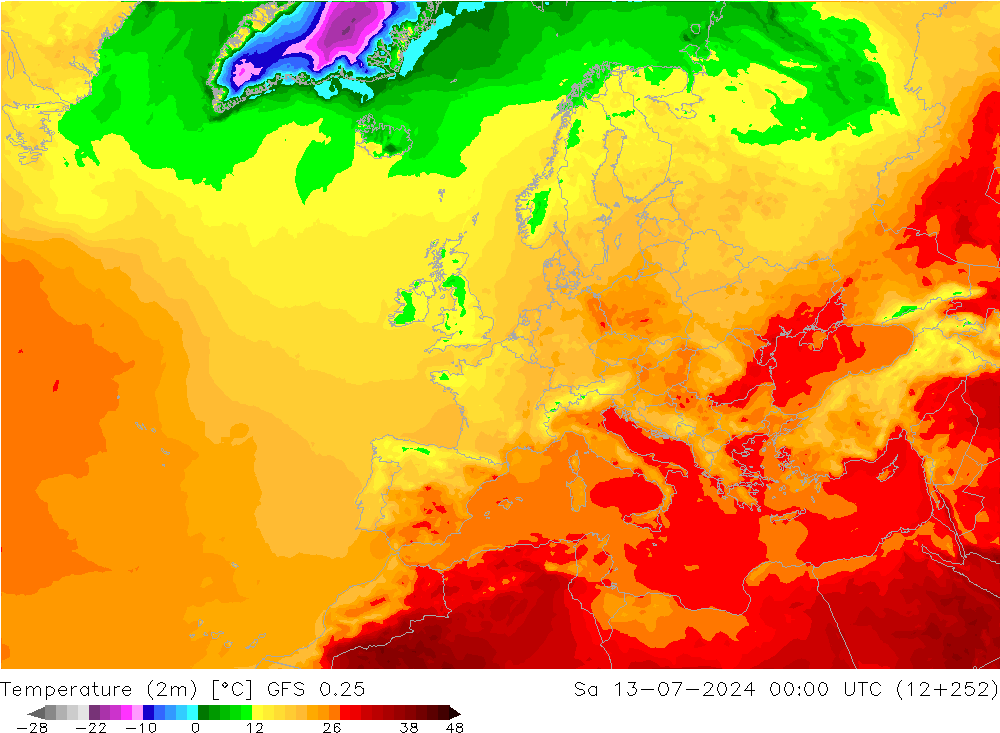 Temperatuurkaart (2m) GFS 0.25 za 13.07.2024 00 UTC