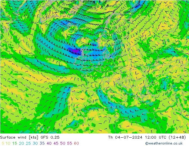 风 10 米 GFS 0.25 星期四 04.07.2024 12 UTC