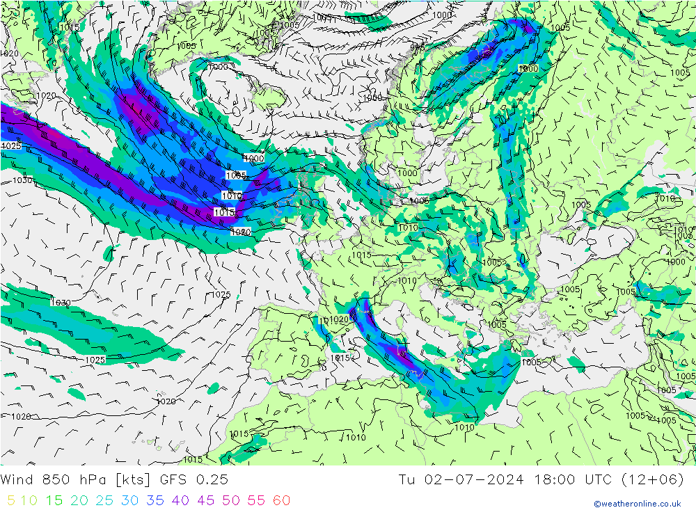 Wind 850 hPa GFS 0.25 di 02.07.2024 18 UTC
