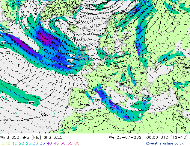 风 850 hPa GFS 0.25 星期三 03.07.2024 00 UTC