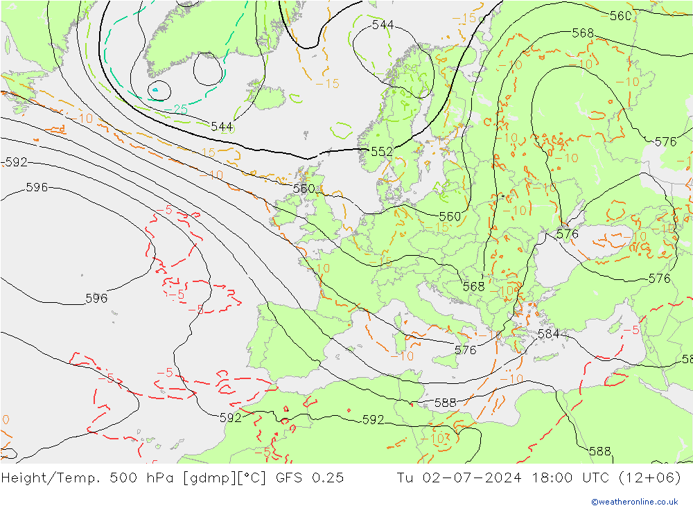 Z500/Rain (+SLP)/Z850 GFS 0.25 星期二 02.07.2024 18 UTC
