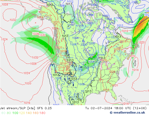 高速氣流/地面气压 GFS 0.25 星期二 02.07.2024 18 UTC