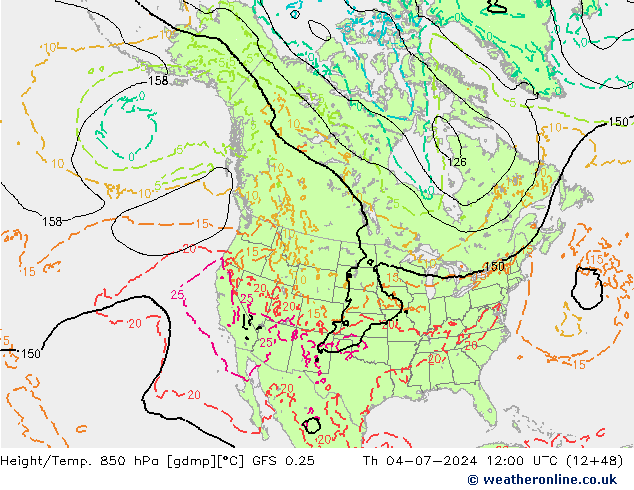 Z500/Rain (+SLP)/Z850 GFS 0.25 星期四 04.07.2024 12 UTC