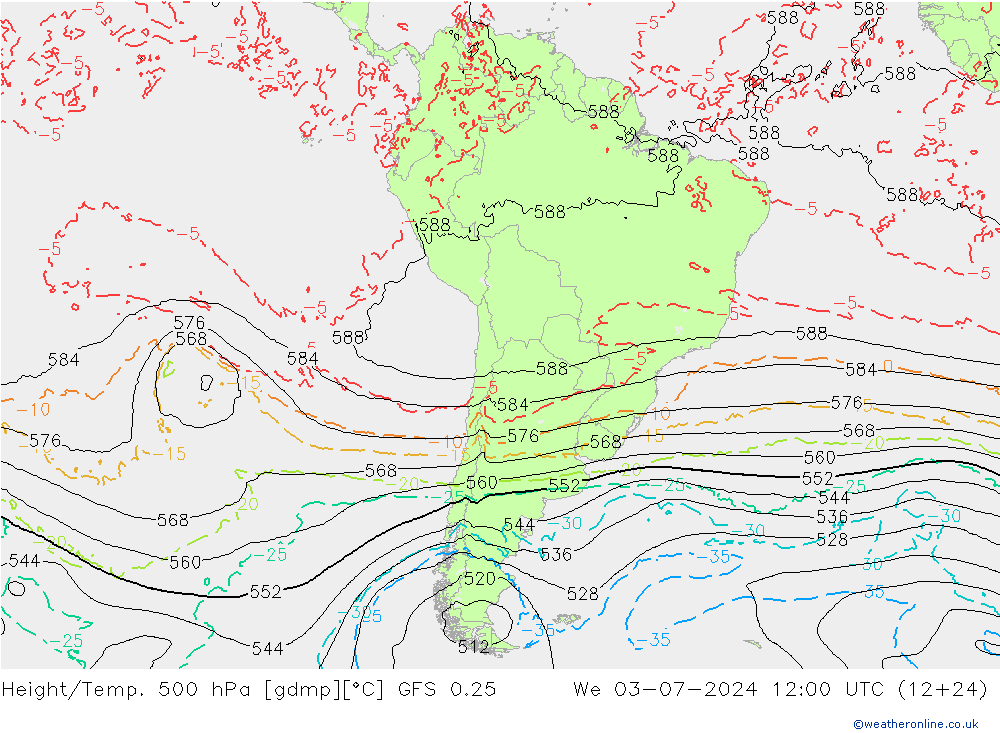 Hoogte/Temp. 500 hPa GFS 0.25 wo 03.07.2024 12 UTC