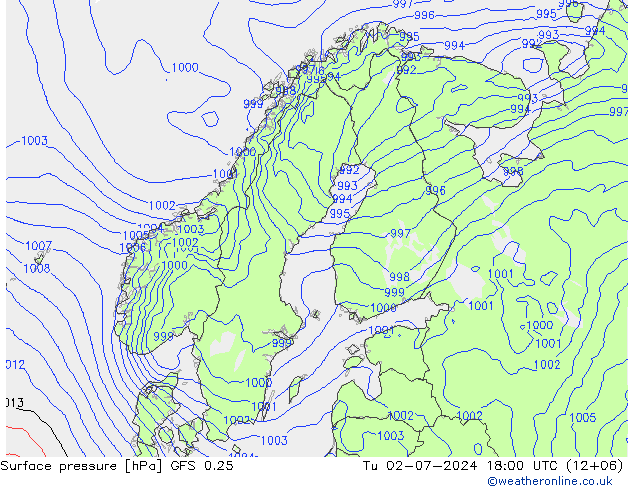 Luchtdruk (Grond) GFS 0.25 di 02.07.2024 18 UTC