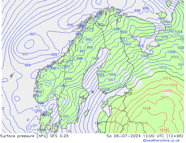 地面气压 GFS 0.25 星期六 06.07.2024 12 UTC