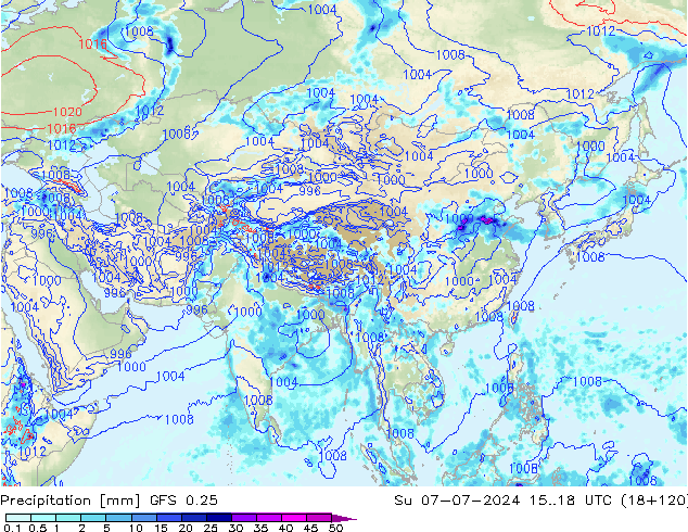 Neerslag GFS 0.25 zo 07.07.2024 18 UTC