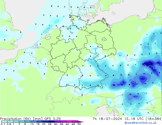 降水量 (6h) GFS 0.25 星期四 18.07.2024 18 UTC