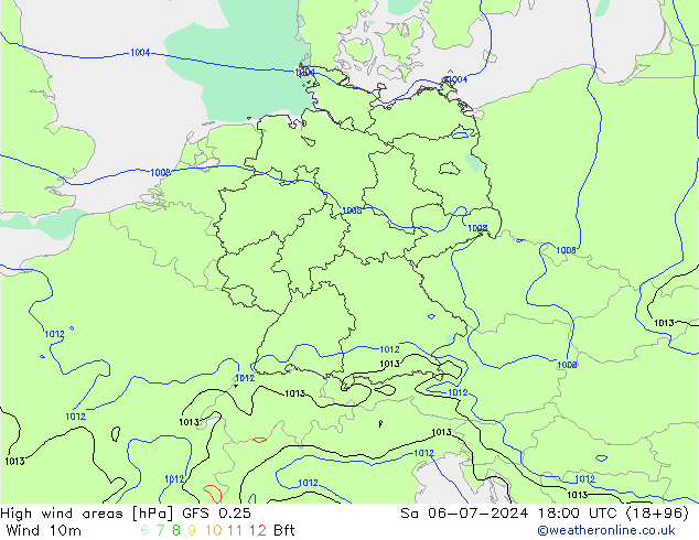 High wind areas GFS 0.25 星期六 06.07.2024 18 UTC