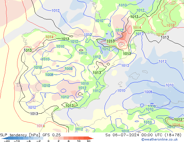 Druktendens (+/-) GFS 0.25 za 06.07.2024 00 UTC