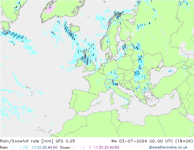 Rain/Snowfall rate GFS 0.25 星期三 03.07.2024 00 UTC