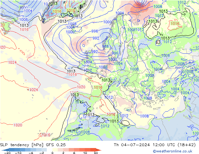 Druktendens (+/-) GFS 0.25 do 04.07.2024 12 UTC