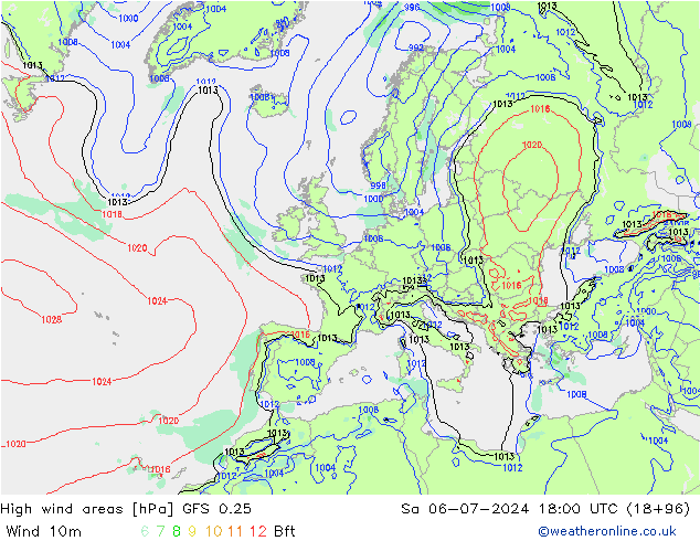 Windvelden GFS 0.25 za 06.07.2024 18 UTC
