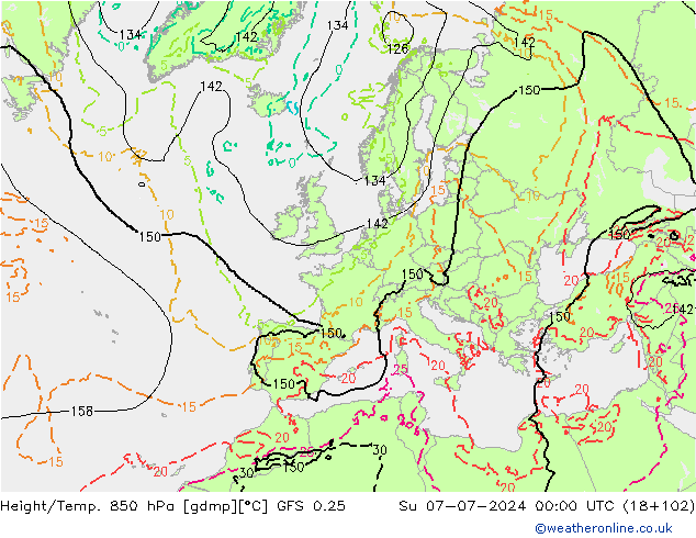 Z500/Rain (+SLP)/Z850 GFS 0.25 星期日 07.07.2024 00 UTC