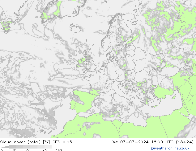 Bewolking (Totaal) GFS 0.25 wo 03.07.2024 18 UTC