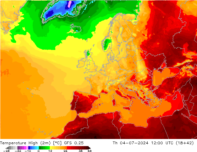 Temperature High (2m) GFS 0.25 星期四 04.07.2024 12 UTC