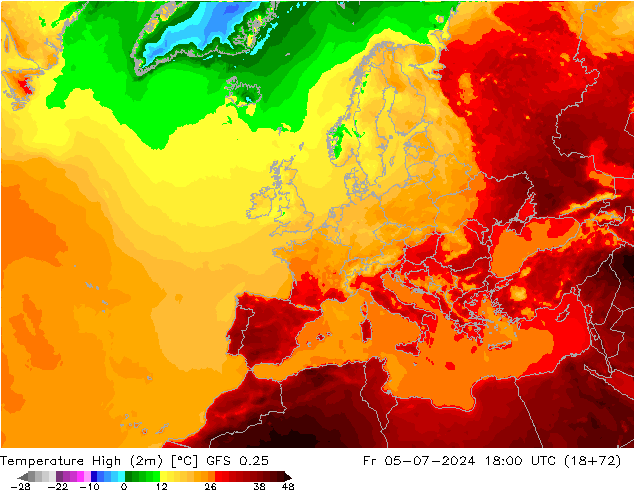 Temperature High (2m) GFS 0.25 星期五 05.07.2024 18 UTC
