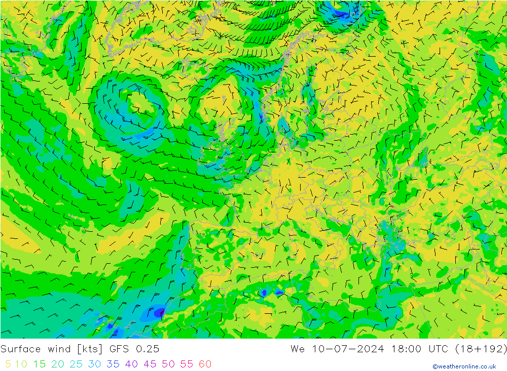 Wind 10 m GFS 0.25 wo 10.07.2024 18 UTC