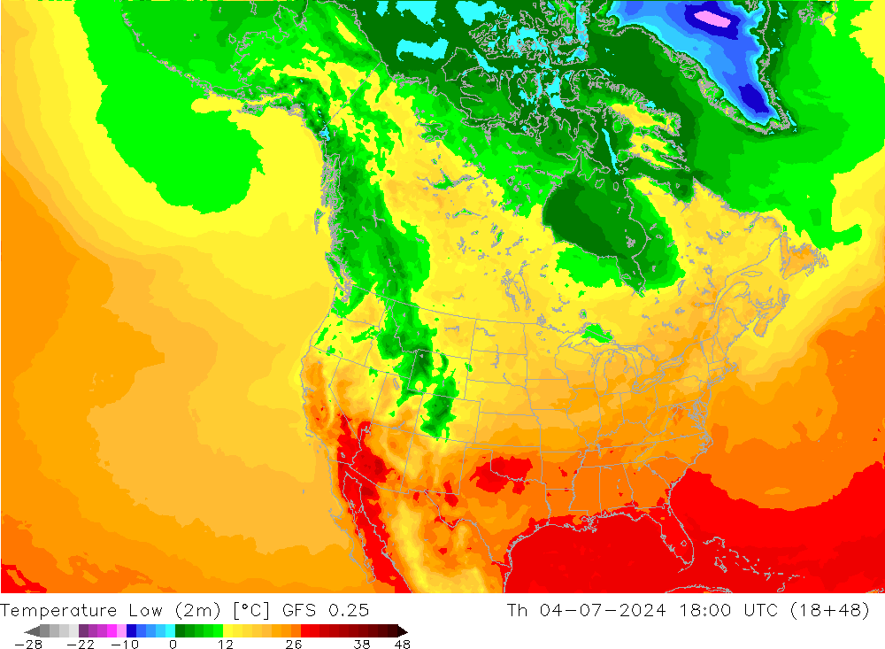 Temperature Low (2m) GFS 0.25 星期四 04.07.2024 18 UTC