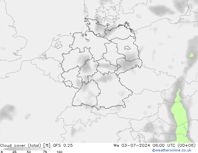 Bewolking (Totaal) GFS 0.25 wo 03.07.2024 06 UTC