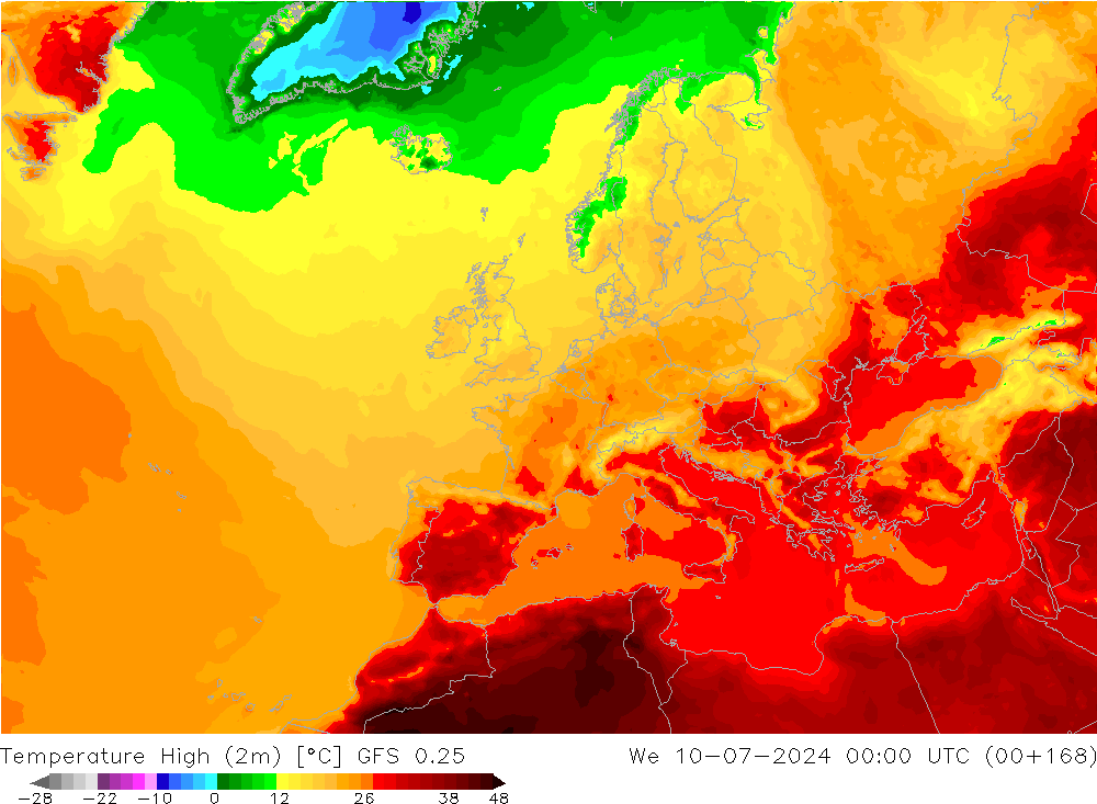 Temperature High (2m) GFS 0.25 星期三 10.07.2024 00 UTC