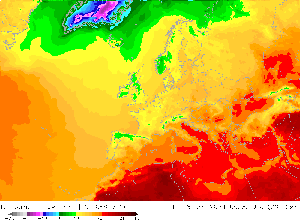 Temperature Low (2m) GFS 0.25 星期四 18.07.2024 00 UTC