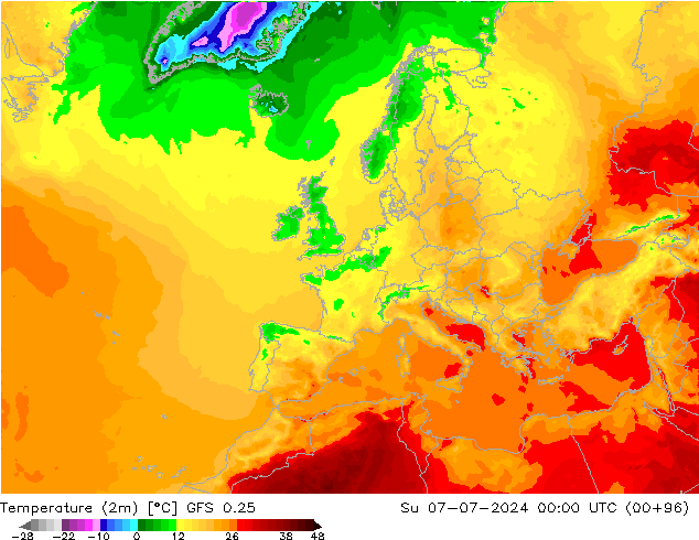 Temperatuurkaart (2m) GFS 0.25 zo 07.07.2024 00 UTC