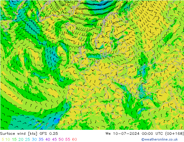 风 10 米 GFS 0.25 星期三 10.07.2024 00 UTC