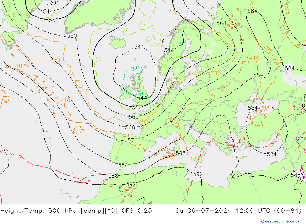 Z500/Rain (+SLP)/Z850 GFS 0.25 星期六 06.07.2024 12 UTC