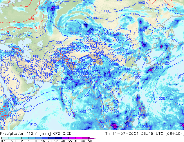 Totale neerslag (12h) GFS 0.25 do 11.07.2024 18 UTC