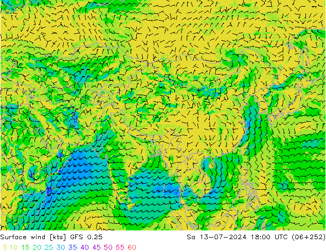 Wind 10 m GFS 0.25 za 13.07.2024 18 UTC