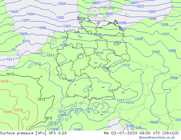 地面气压 GFS 0.25 星期三 03.07.2024 09 UTC
