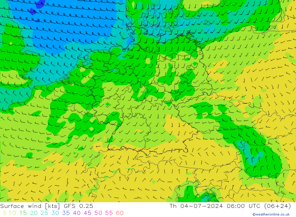Wind 10 m GFS 0.25 do 04.07.2024 06 UTC