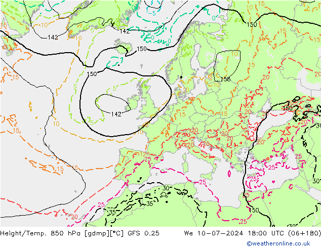 Z500/Rain (+SLP)/Z850 GFS 0.25 星期三 10.07.2024 18 UTC