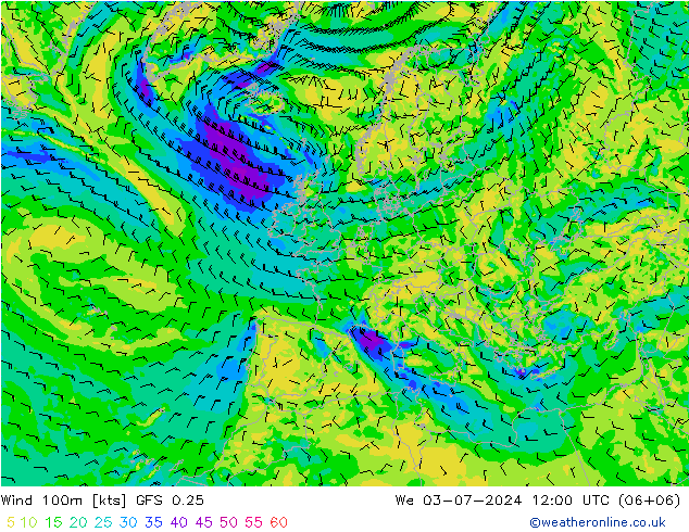 风 100m GFS 0.25 星期三 03.07.2024 12 UTC
