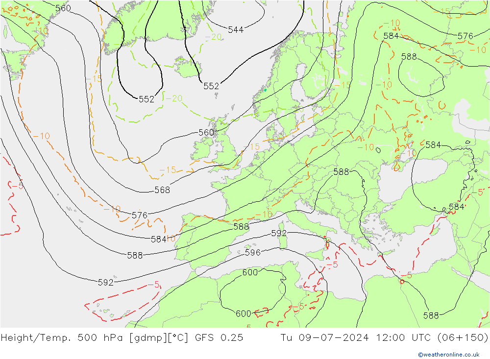 Z500/Rain (+SLP)/Z850 GFS 0.25 星期二 09.07.2024 12 UTC