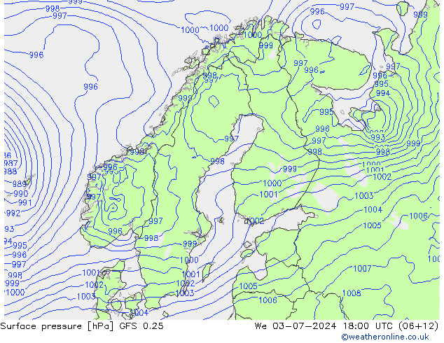 Luchtdruk (Grond) GFS 0.25 wo 03.07.2024 18 UTC