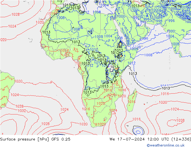 Luchtdruk (Grond) GFS 0.25 wo 17.07.2024 12 UTC