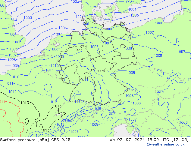 地面气压 GFS 0.25 星期三 03.07.2024 15 UTC