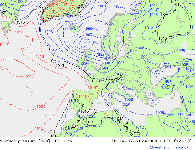 Luchtdruk (Grond) GFS 0.25 do 04.07.2024 06 UTC