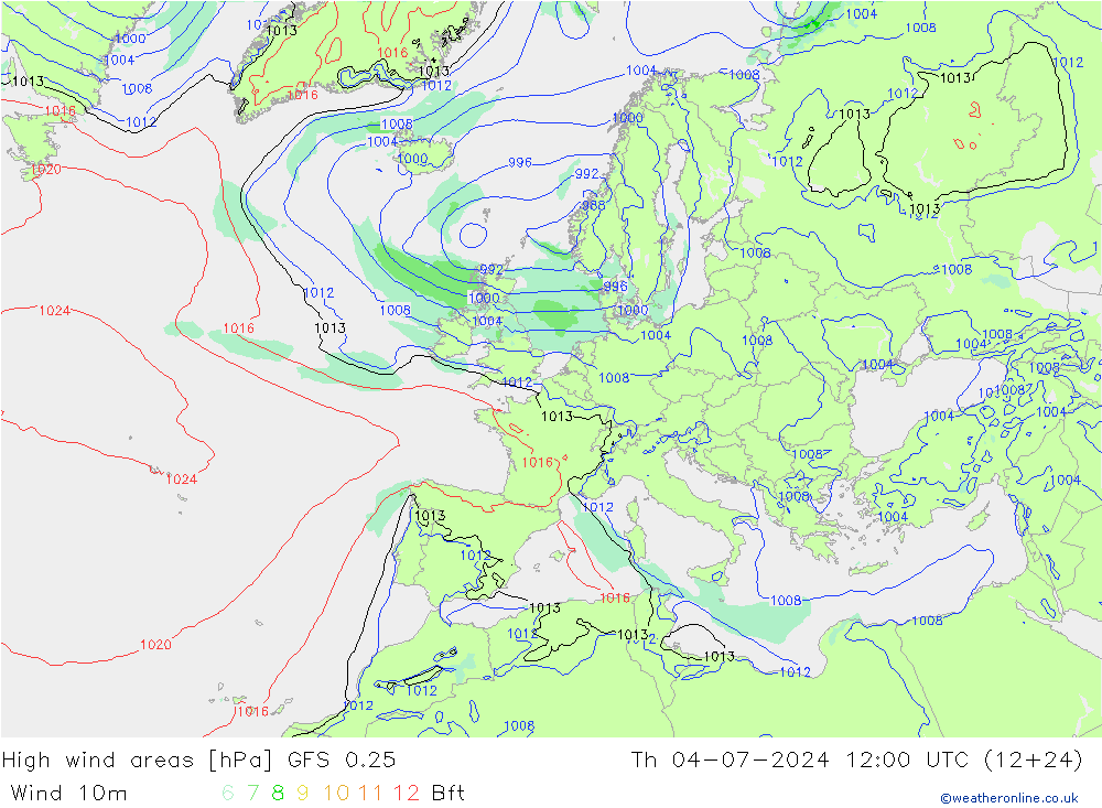 High wind areas GFS 0.25 星期四 04.07.2024 12 UTC